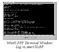 Win95 PPP Terminal Window: Log in, start SLiRP